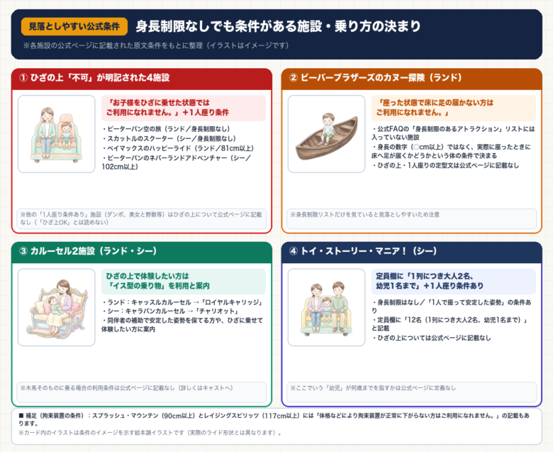 身長制限なしでも条件があるアトラクションの図解(ひざの上不可明記4施設、ビーバーブラザーズのカヌー探険の床に足が届く条件、カルーセル2施設のイス型乗り物、トイ・ストーリー・マニア!の1列幼児1名まで)