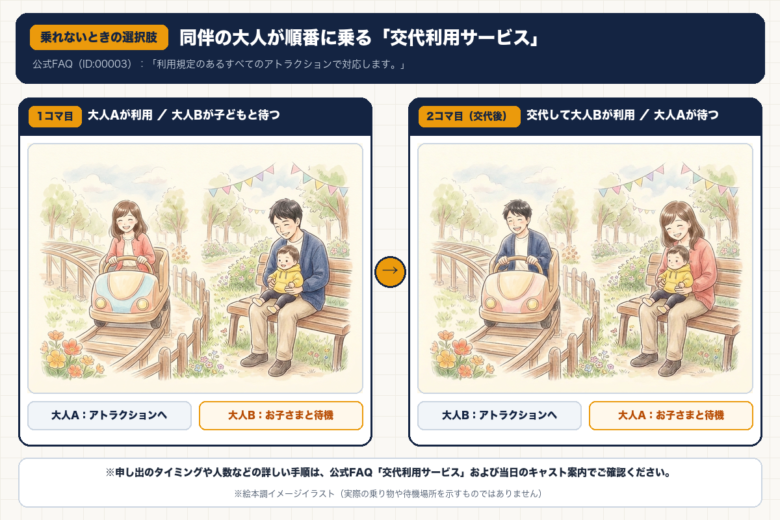 交代利用サービスの仕組みを示す2コマの絵本調イメージイラスト(大人Aが乗る間に大人Bが子どもと待機し、交代して大人Bが利用する流れ)