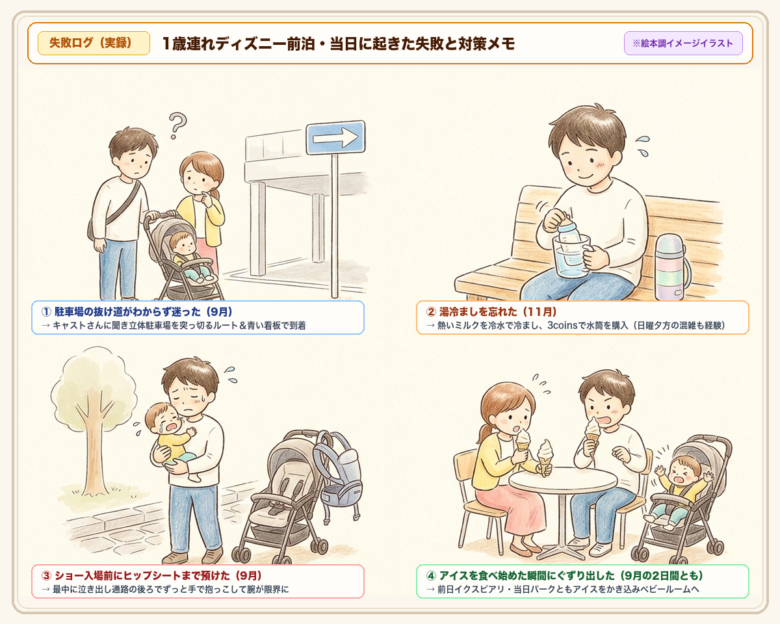1歳連れディズニー前泊・当日の失敗4場面を描いた水彩の絵本調イメージイラスト(駐車場の抜け道で迷う、湯冷ましを忘れて熱いミルクを冷水で冷ます、ヒップシートまで預けて手で抱っこし続ける、アイスを食べ始めた瞬間に子どもがぐずる)